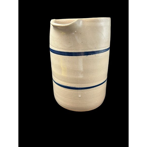 Vintage Salt Glaze Cobalt Blue Stripe Pottery Pitcher 7.75" Hand Thrown - Picture 3 of 14